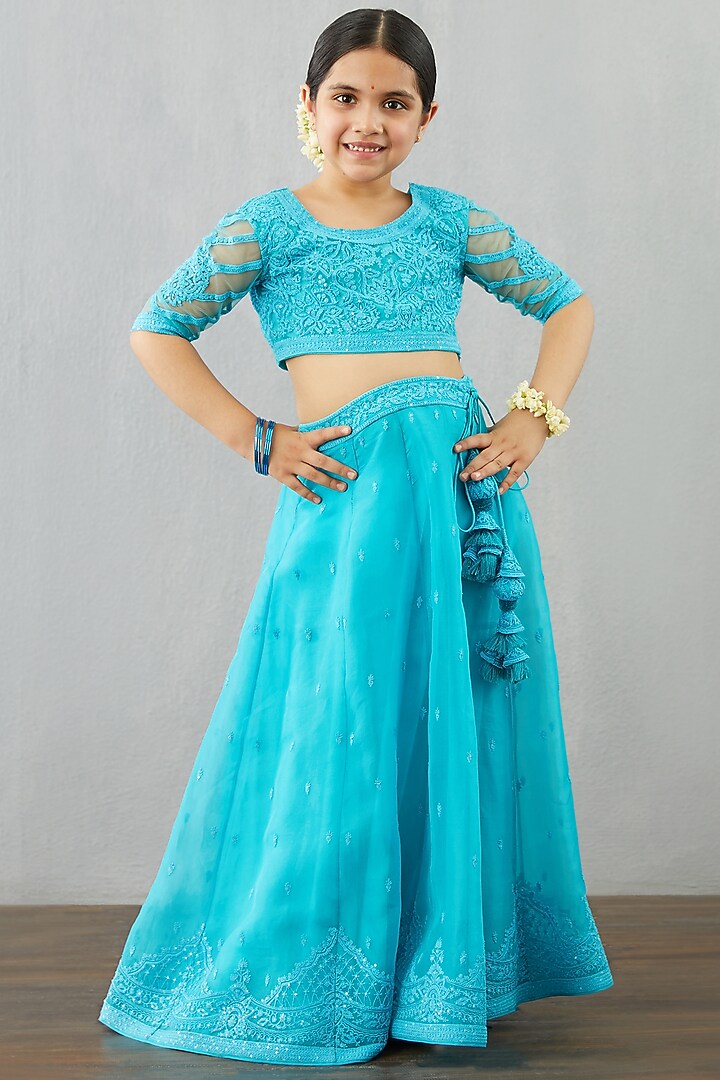 Raspberry Blue Net & Organza Skirt Set For Girls by Torani Kids at Pernia's Pop Up Shop