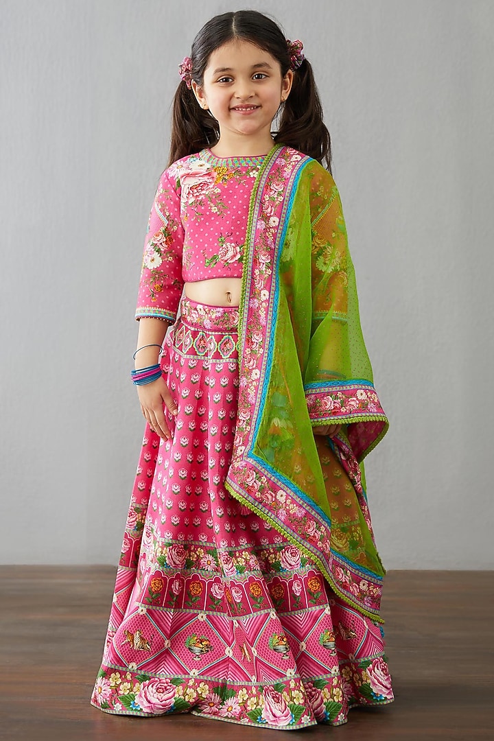 Dark Pink Chanderi Lehenga Set For Girls by Torani Kids at Pernia's Pop Up Shop