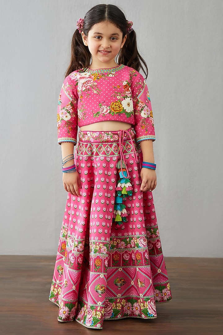 Dark Pink Chanderi Lehenga Set For Girls by Torani Kids at Pernia's Pop Up Shop