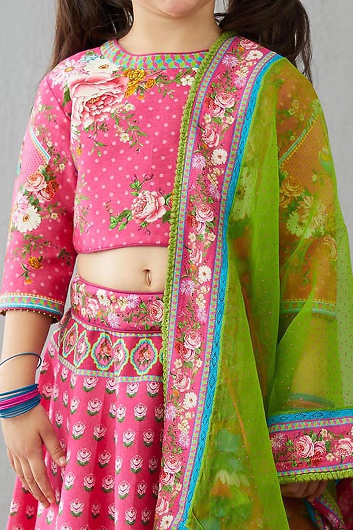 Dark Pink Chanderi Lehenga Set For Girls by Torani Kids at Pernia's Pop Up Shop