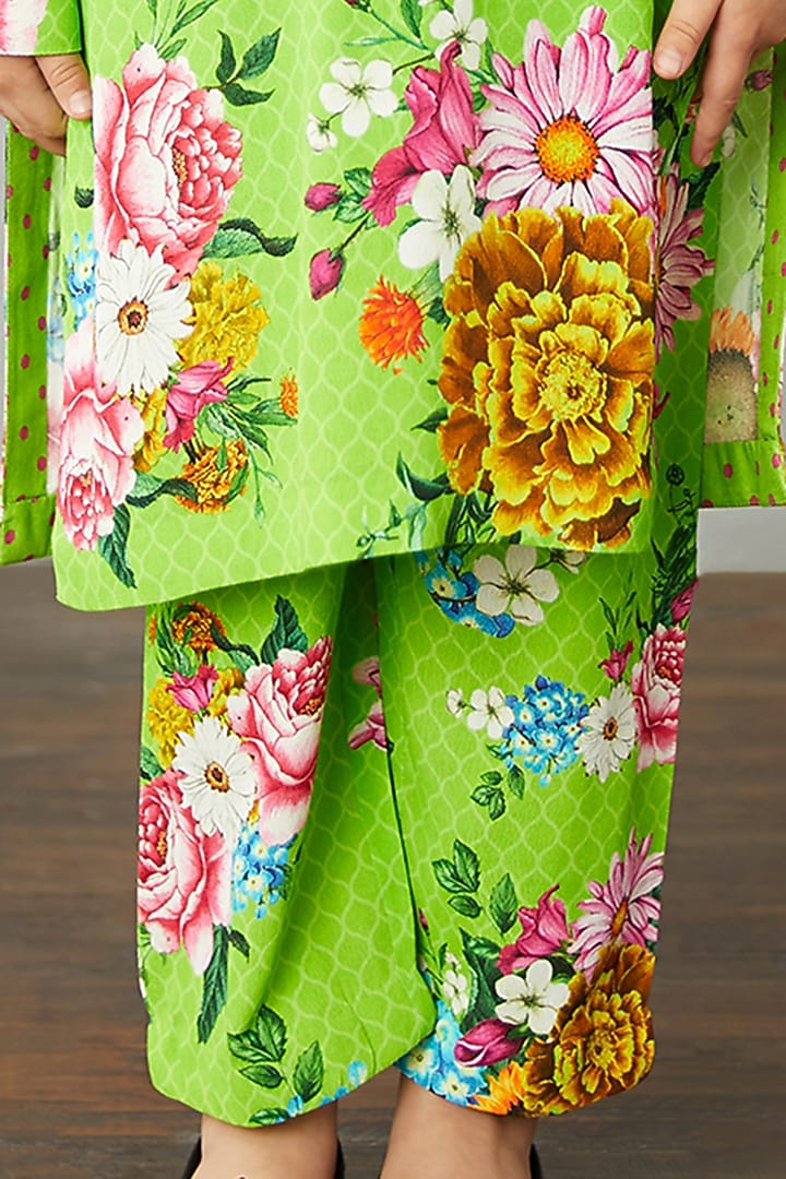 Leaf Green Cotton Silk Kurta Set For Girls by Torani Kids at Pernia's Pop Up Shop