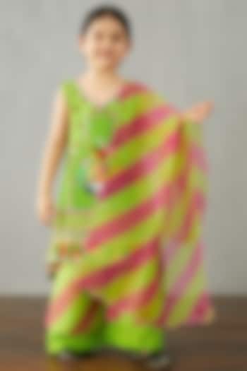 Leaf Green Cotton Silk & Organza Kurta Set For Girls by Torani Kids at Pernia's Pop Up Shop