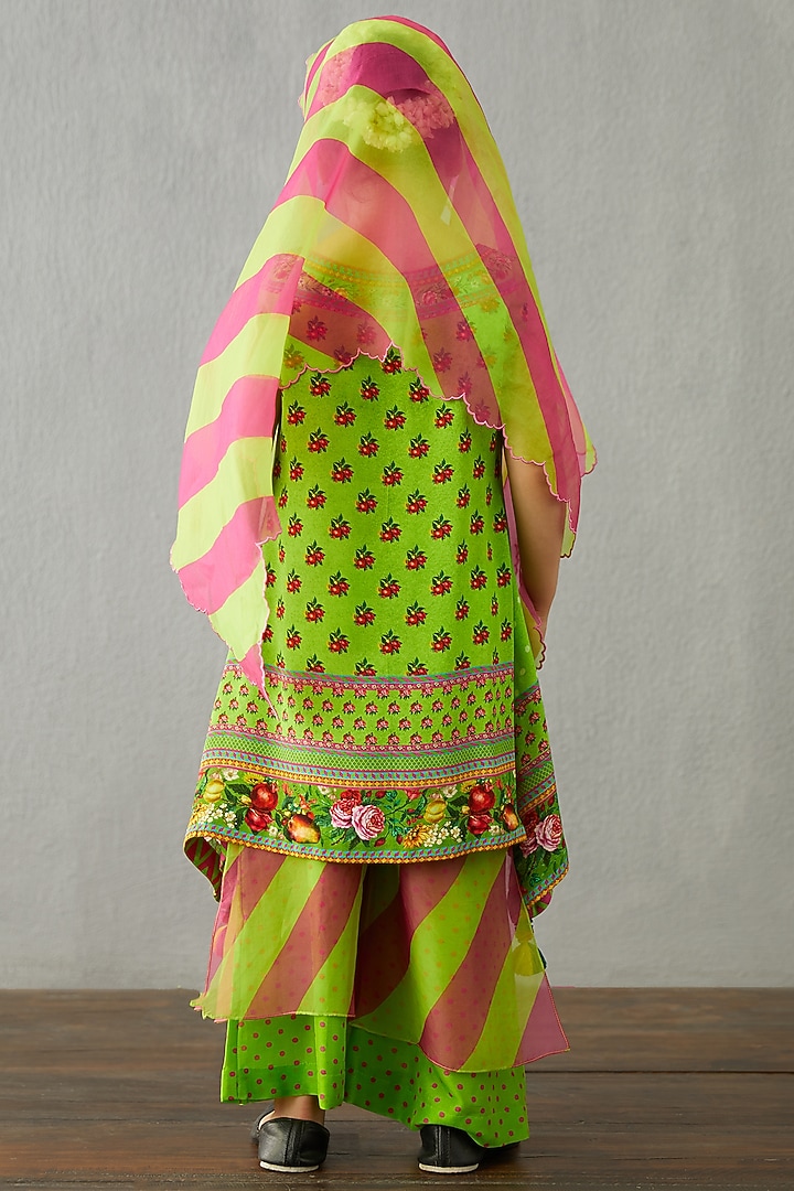 Leaf Green Cotton Silk & Organza Kurta Set For Girls by Torani Kids at Pernia's Pop Up Shop