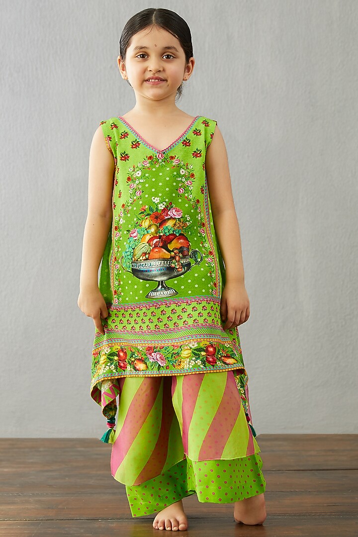 Leaf Green Cotton Silk & Organza Kurta Set For Girls by Torani Kids at Pernia's Pop Up Shop