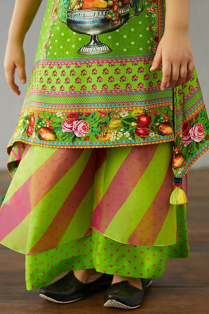 Leaf Green Cotton Silk & Organza Kurta Set For Girls by Torani Kids at Pernia's Pop Up Shop