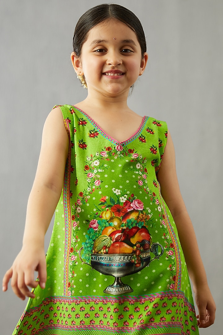 Leaf Green Cotton Silk & Organza Kurta Set For Girls by Torani Kids at Pernia's Pop Up Shop