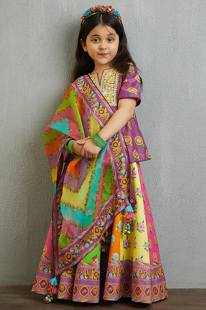 Multi-Colored Chanderi Lehenga Set For Girls by Torani Kids at Pernia's Pop Up Shop