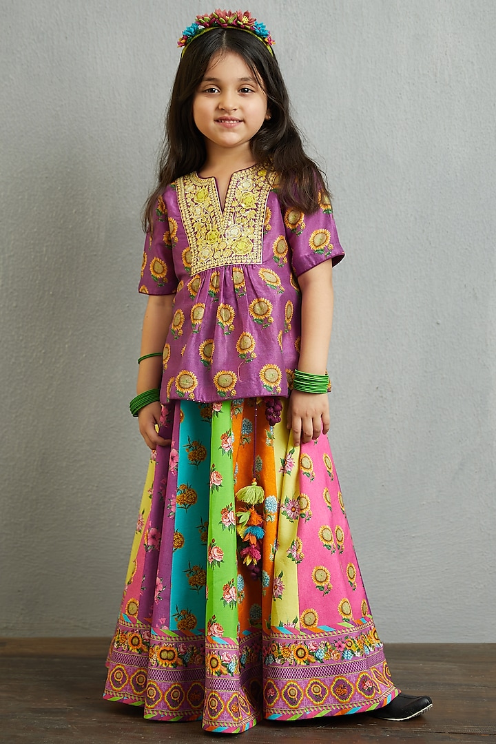 Multi-Colored Chanderi Lehenga Set For Girls by Torani Kids at Pernia's Pop Up Shop