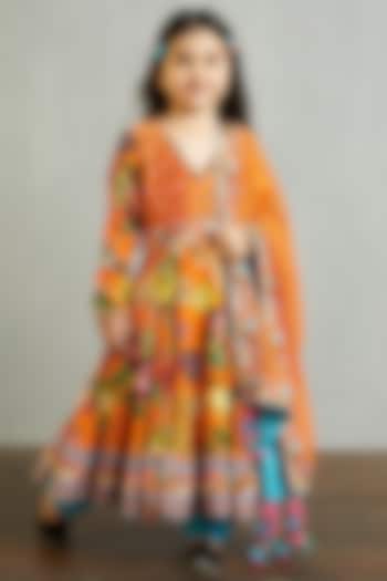 Bright Orange Chanderi Anarkali Set For Girls by Torani Kids