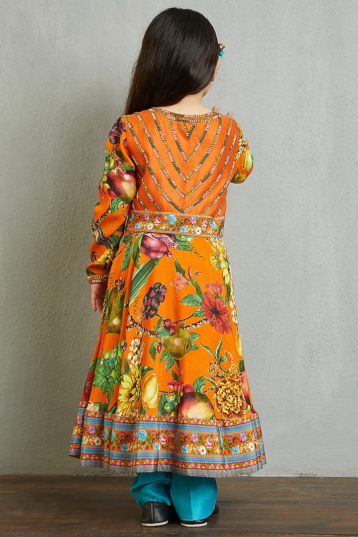 Bright Orange Silk Organza Anarkali Set For Girls by Torani Kids at Pernia's Pop Up Shop