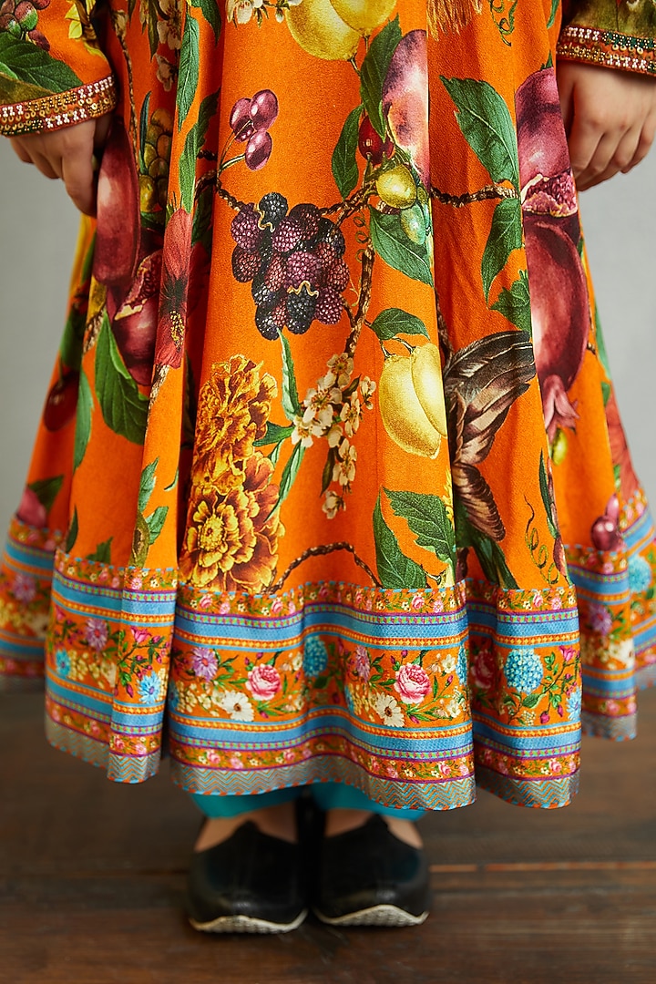 Bright Orange Silk Organza Anarkali Set For Girls by Torani Kids at Pernia's Pop Up Shop