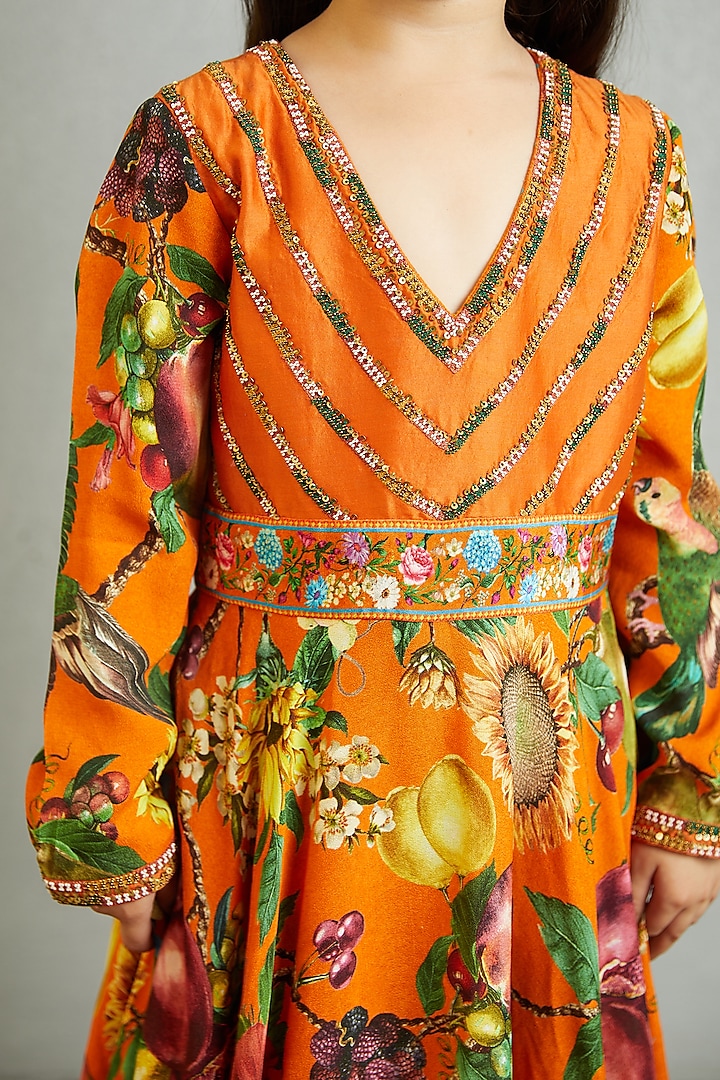 Bright Orange Silk Organza Anarkali Set For Girls by Torani Kids at Pernia's Pop Up Shop