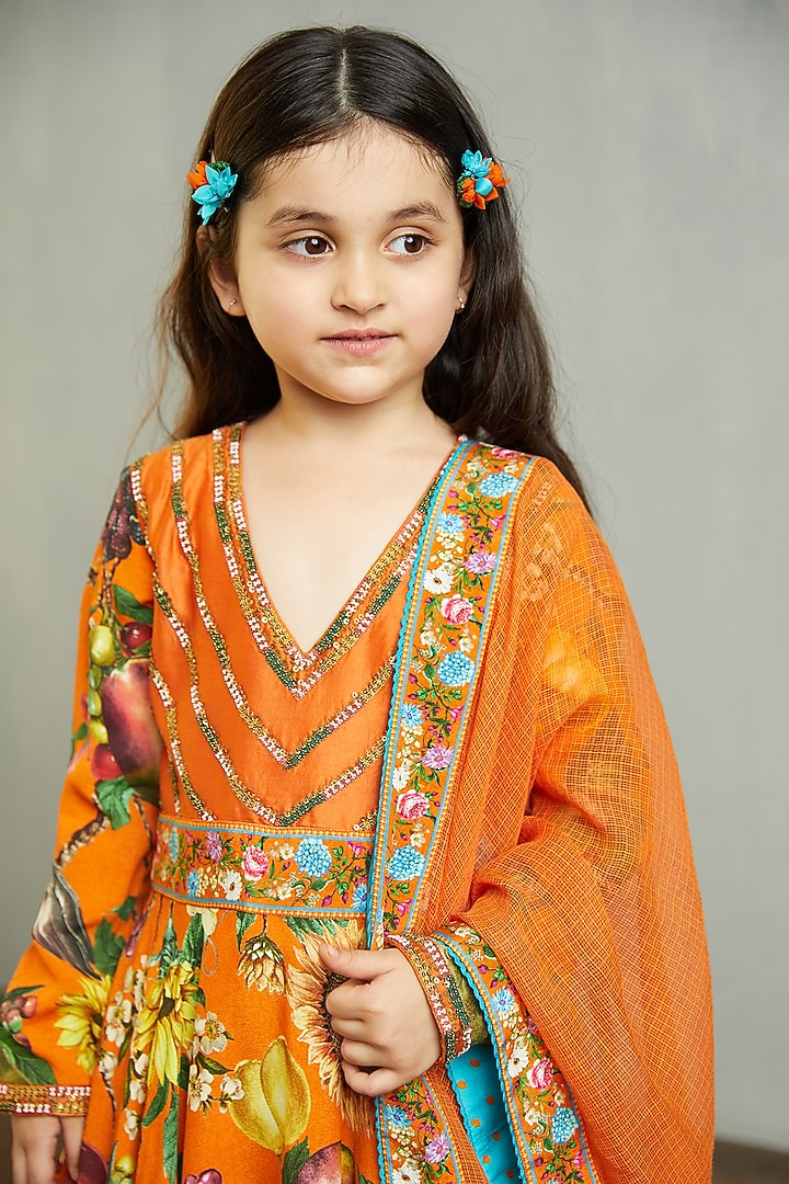 Bright Orange Silk Organza Anarkali Set For Girls by Torani Kids at Pernia's Pop Up Shop
