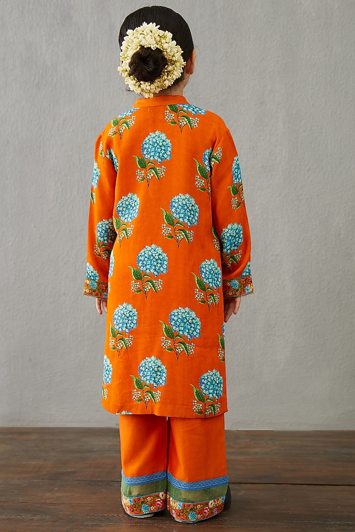 Blaze Orange Chanderi Kurta Set For Girls by Torani Kids at Pernia's Pop Up Shop