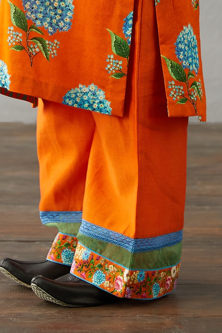 Blaze Orange Chanderi Kurta Set For Girls by Torani Kids at Pernia's Pop Up Shop