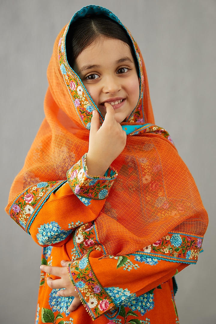 Blaze Orange Chanderi Kurta Set For Girls by Torani Kids at Pernia's Pop Up Shop