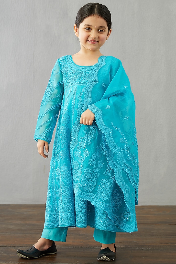 Raspberry Blue Organza & Chanderi A-Line Kurta Set For Girls by Torani Kids at Pernia's Pop Up Shop