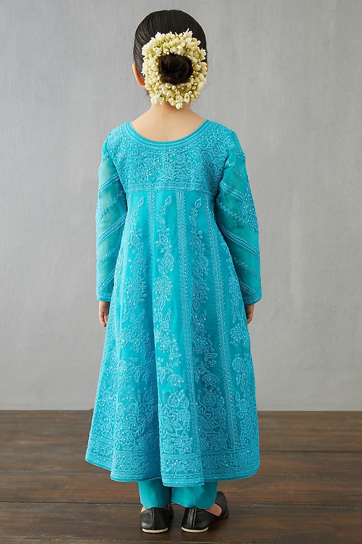 Raspberry Blue Organza & Chanderi A-Line Kurta Set For Girls by Torani Kids at Pernia's Pop Up Shop