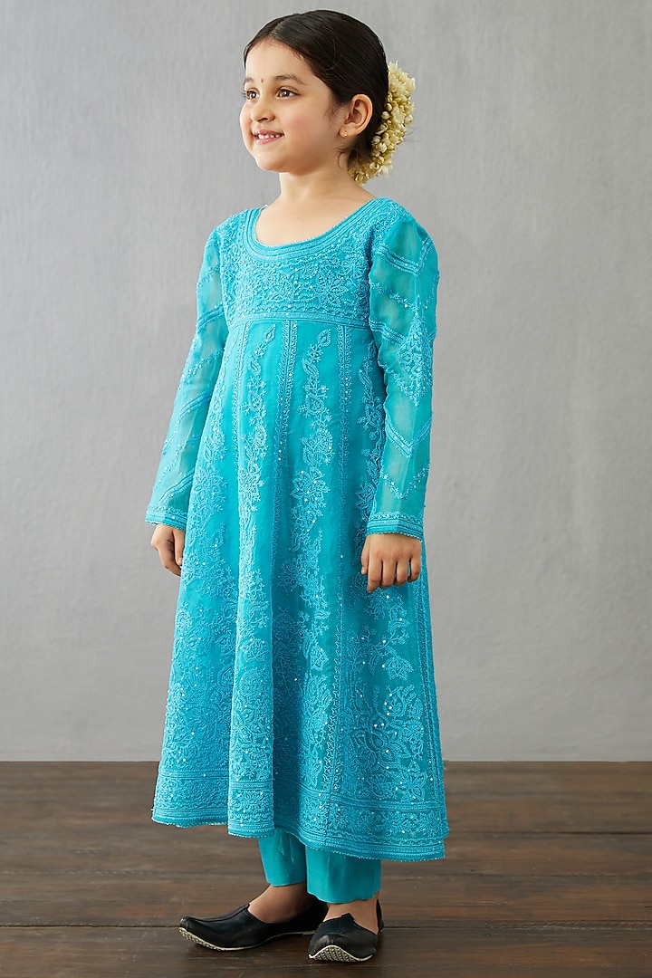 Raspberry Blue Organza & Chanderi A-Line Kurta Set For Girls by Torani Kids at Pernia's Pop Up Shop