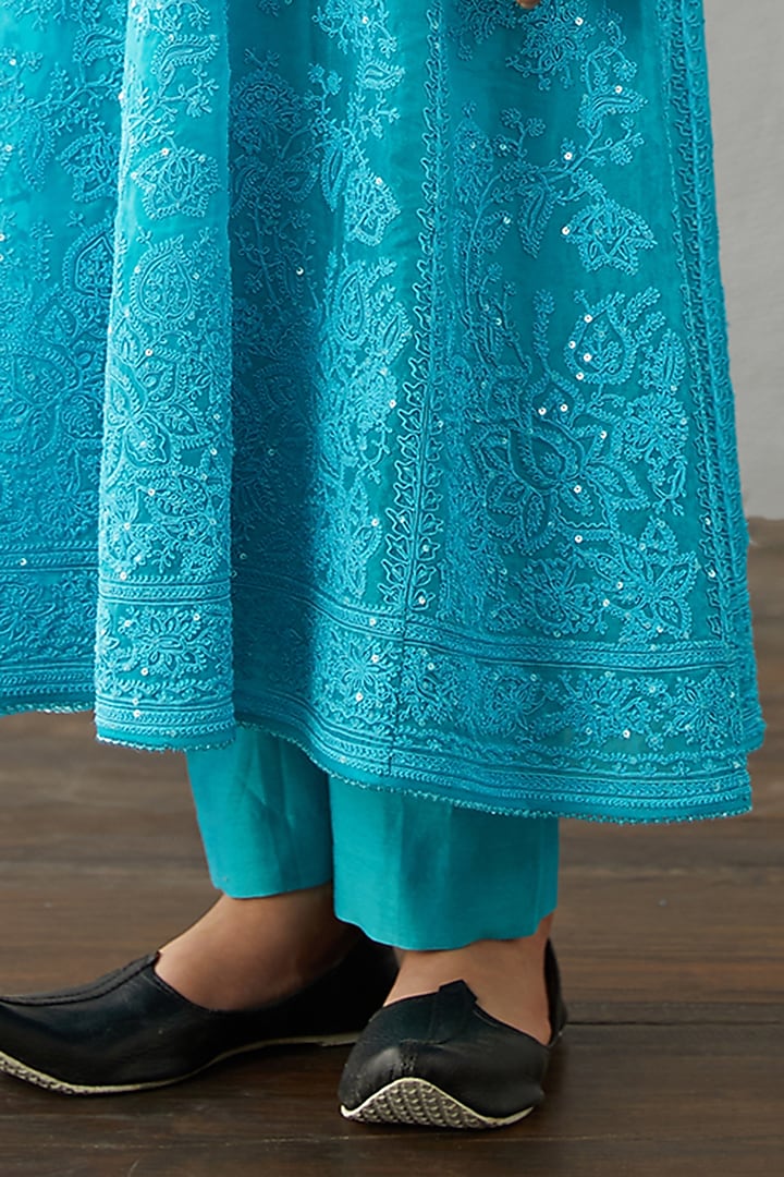 Raspberry Blue Organza & Chanderi A-Line Kurta Set For Girls by Torani Kids at Pernia's Pop Up Shop