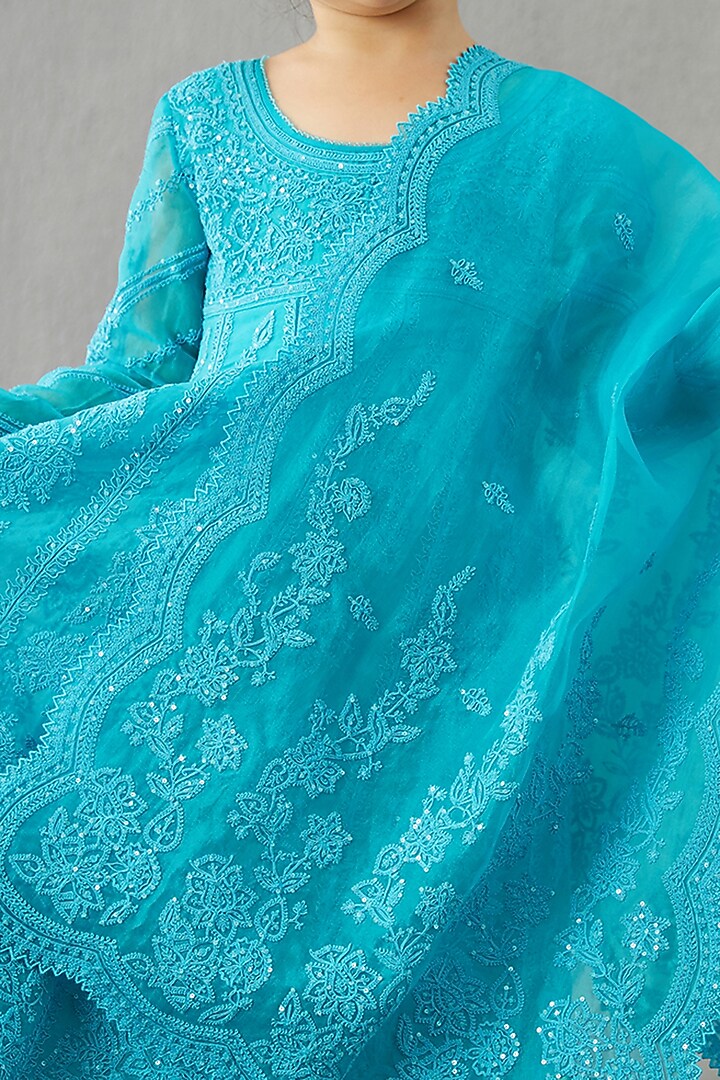 Raspberry Blue Organza & Chanderi A-Line Kurta Set For Girls by Torani Kids at Pernia's Pop Up Shop
