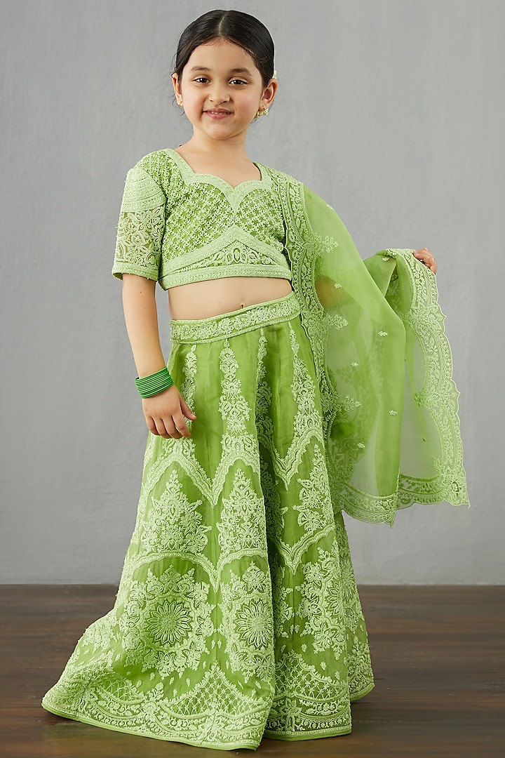 Light Green Net & Organza Lehenga Set For Girls by Torani Kids at Pernia's Pop Up Shop