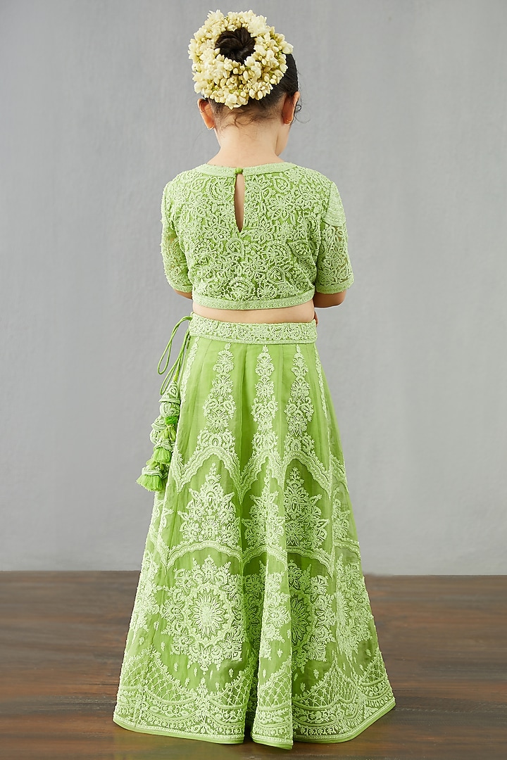 Light Green Net & Organza Lehenga Set For Girls by Torani Kids at Pernia's Pop Up Shop