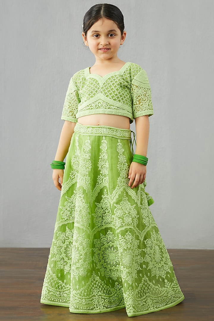 Light Green Net & Organza Lehenga Set For Girls by Torani Kids at Pernia's Pop Up Shop