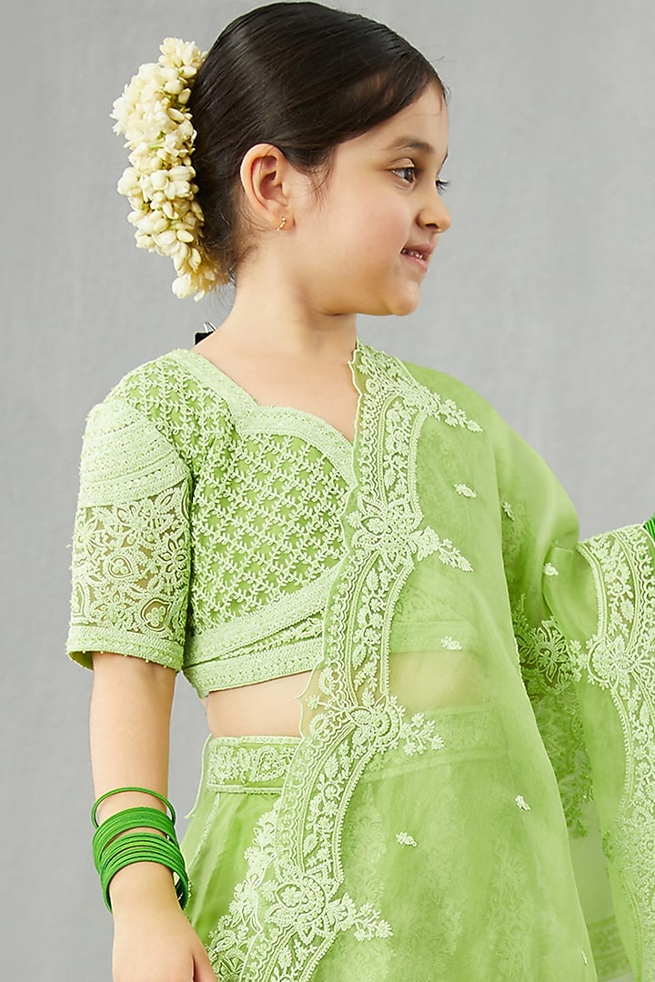 Light Green Net & Organza Lehenga Set For Girls by Torani Kids at Pernia's Pop Up Shop