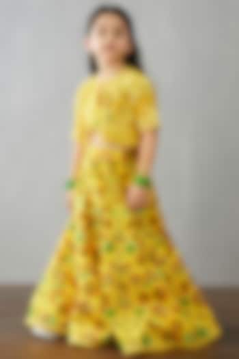 Bright Yellow Handwoven Chanderi & Cotton Silk Jacket Lehenga Set For Girls by Torani Kids at Pernia's Pop Up Shop