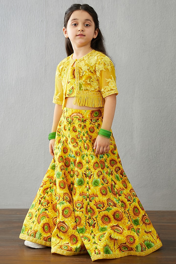 Bright Yellow Handwoven Chanderi Cotton Silk Jacket Lehenga Set