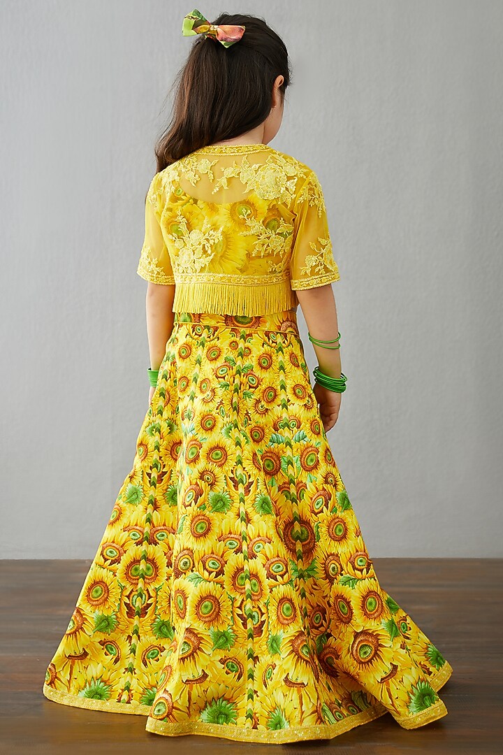 Bright Yellow Handwoven Chanderi & Cotton Silk Jacket Lehenga Set For Girls by Torani Kids at Pernia's Pop Up Shop