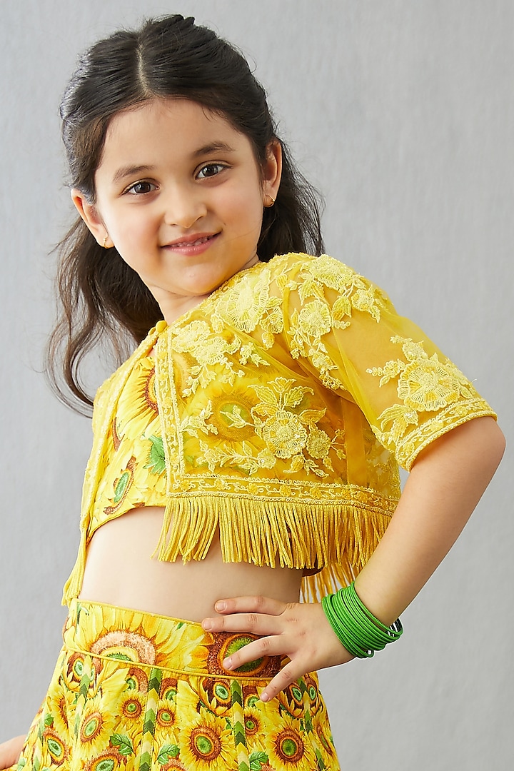 Bright Yellow Handwoven Chanderi & Cotton Silk Jacket Lehenga Set For Girls by Torani Kids at Pernia's Pop Up Shop