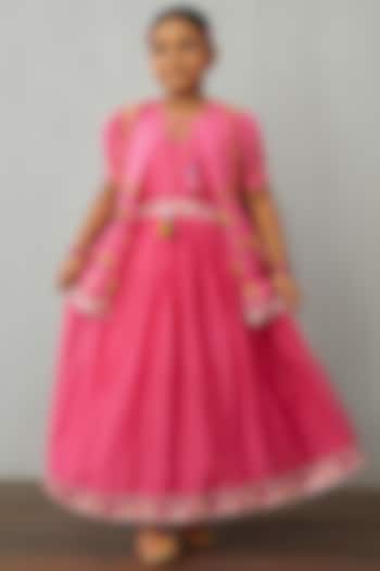 Dark Pink Cotton Silk Jacket Dress For Girls by Torani Kids
