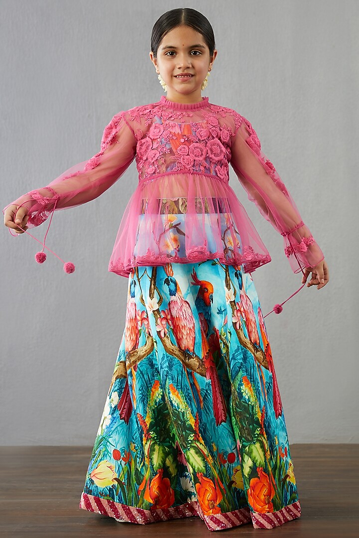 Multi-Colored Chanderi & Tulle Lehenga Set For Girls by Torani Kids at Pernia's Pop Up Shop