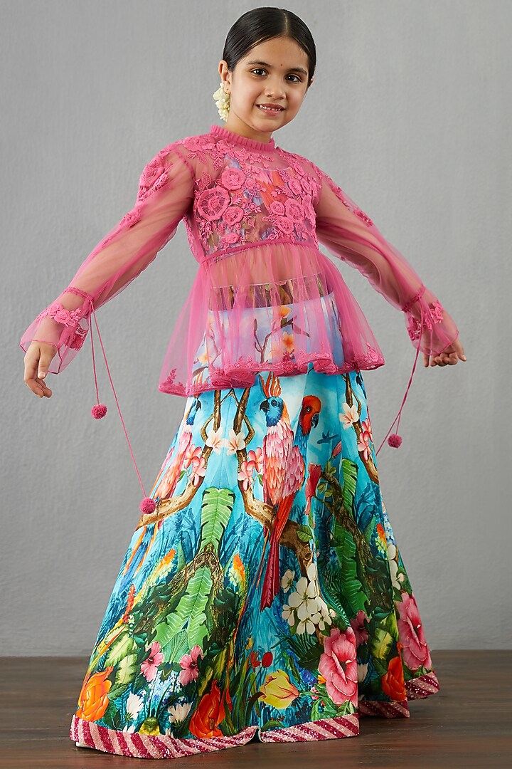 Multi-Colored Chanderi & Tulle Lehenga Set For Girls by Torani Kids at Pernia's Pop Up Shop