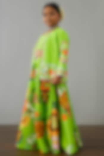 Leaf Green Chanderi Jacket Lehenga Set For Girls by Torani Kids at Pernia's Pop Up Shop