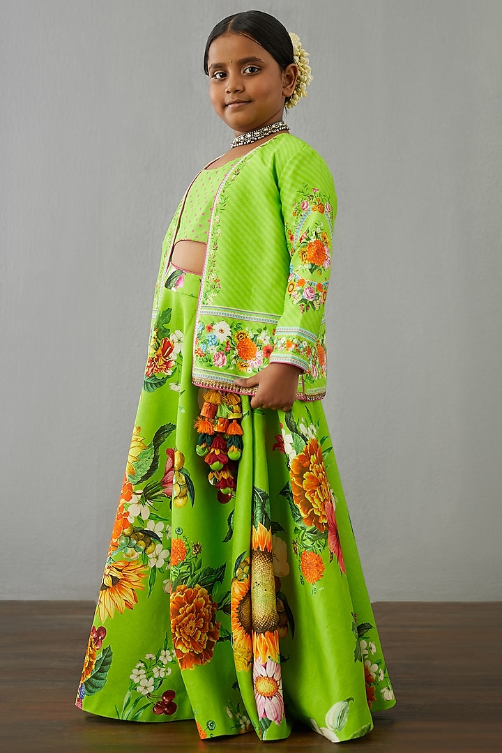 Leaf Green Chanderi Jacket Lehenga Set For Girls by Torani Kids at Pernia's Pop Up Shop