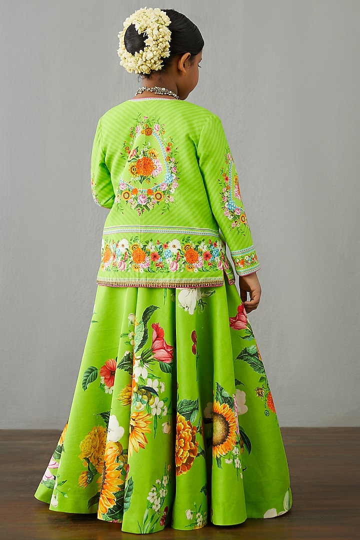 Leaf Green Chanderi Jacket Lehenga Set For Girls by Torani Kids at Pernia's Pop Up Shop