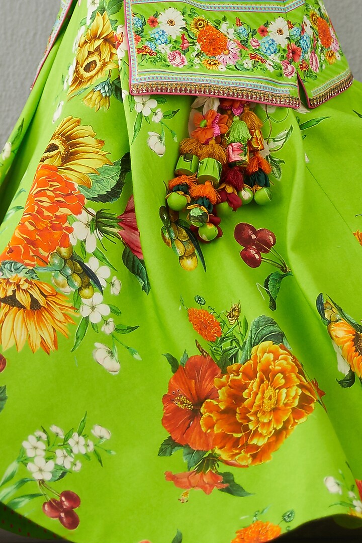 Leaf Green Chanderi Jacket Lehenga Set For Girls by Torani Kids at Pernia's Pop Up Shop