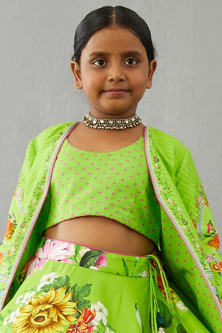 Leaf Green Chanderi Jacket Lehenga Set For Girls by Torani Kids at Pernia's Pop Up Shop