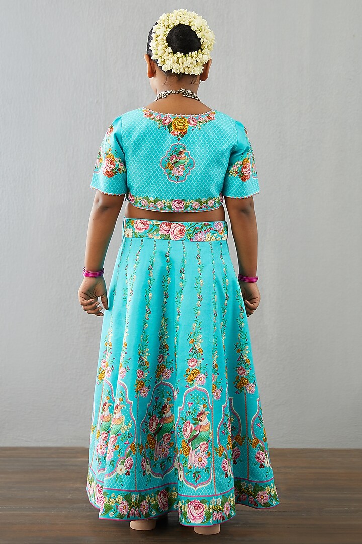 Neon Blue Chanderi Lehenga Set For Girls by Torani Kids at Pernia's Pop Up Shop