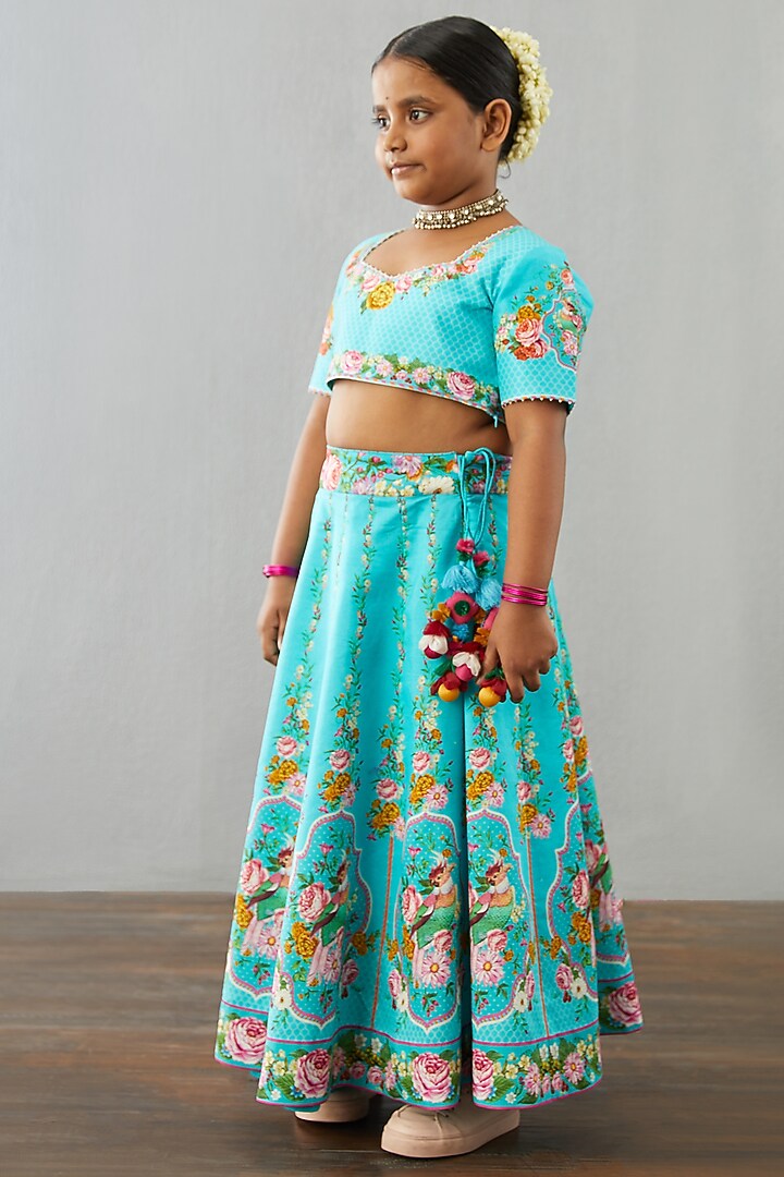 Neon Blue Chanderi Lehenga Set For Girls by Torani Kids at Pernia's Pop Up Shop