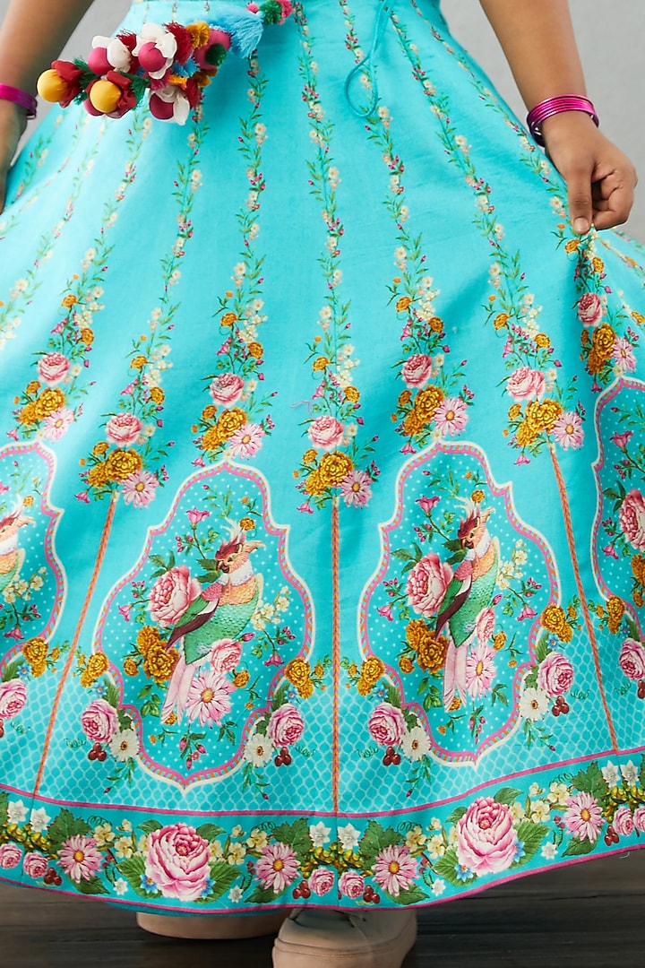 Neon Blue Chanderi Lehenga Set For Girls by Torani Kids at Pernia's Pop Up Shop