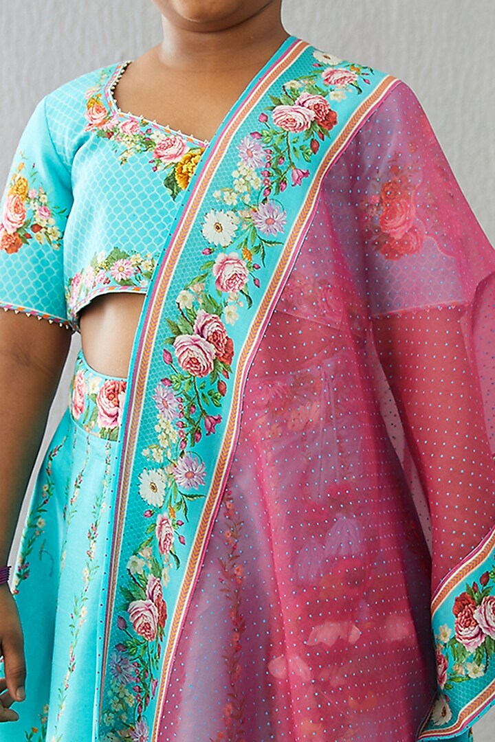 Neon Blue Chanderi Lehenga Set For Girls by Torani Kids at Pernia's Pop Up Shop