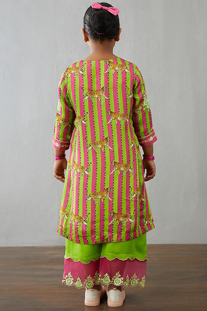 Dark Pink & Leaf Green Handwoven Chanderi Kurta Set For Girls by Torani Kids at Pernia's Pop Up Shop