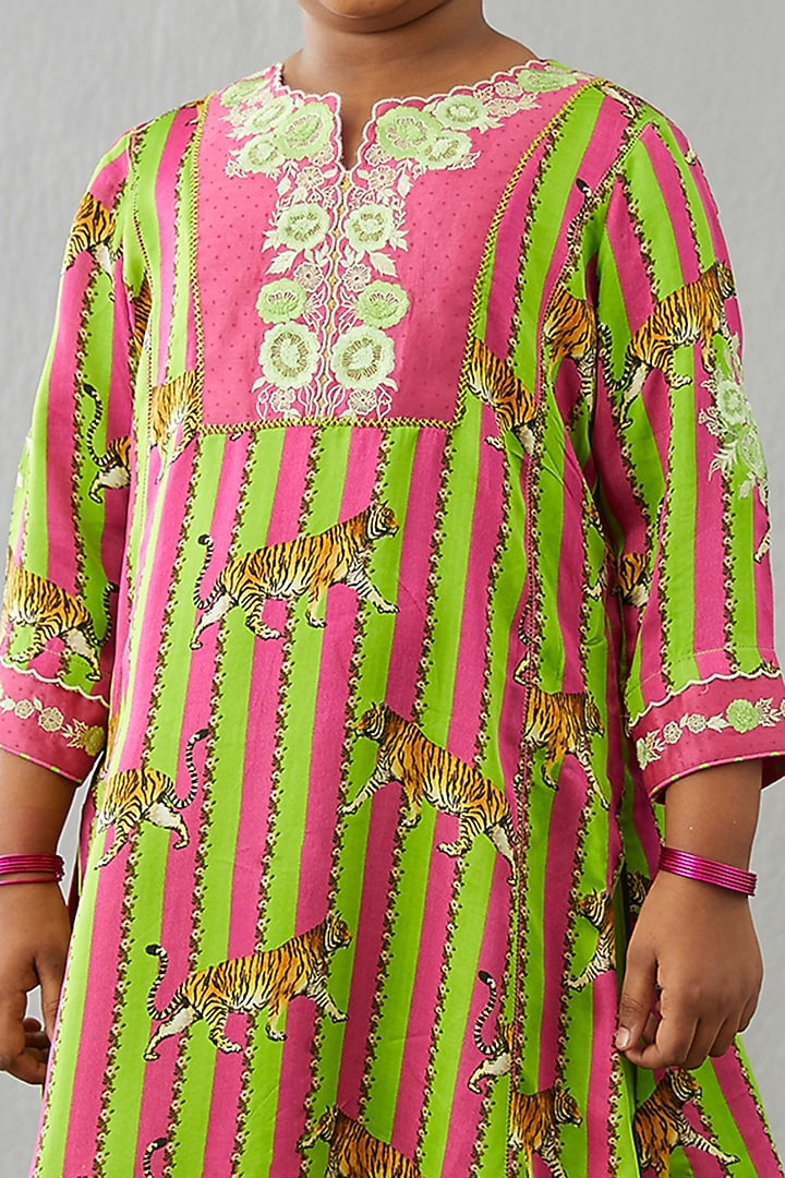 Dark Pink & Leaf Green Handwoven Chanderi Kurta Set For Girls by Torani Kids at Pernia's Pop Up Shop