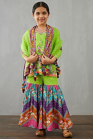 Leaf Green Georgette Sharara Set For Girls by Torani Kids