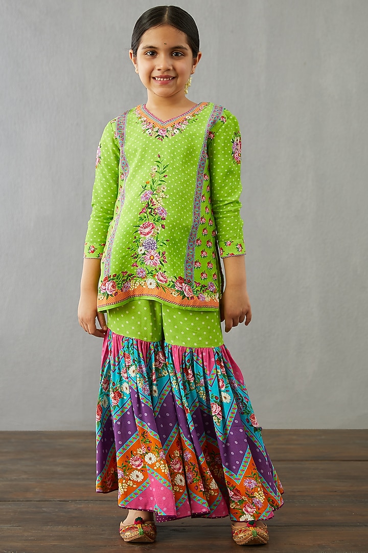 Leaf Green Georgette Sharara Set For Girls by Torani Kids at Pernia's Pop Up Shop