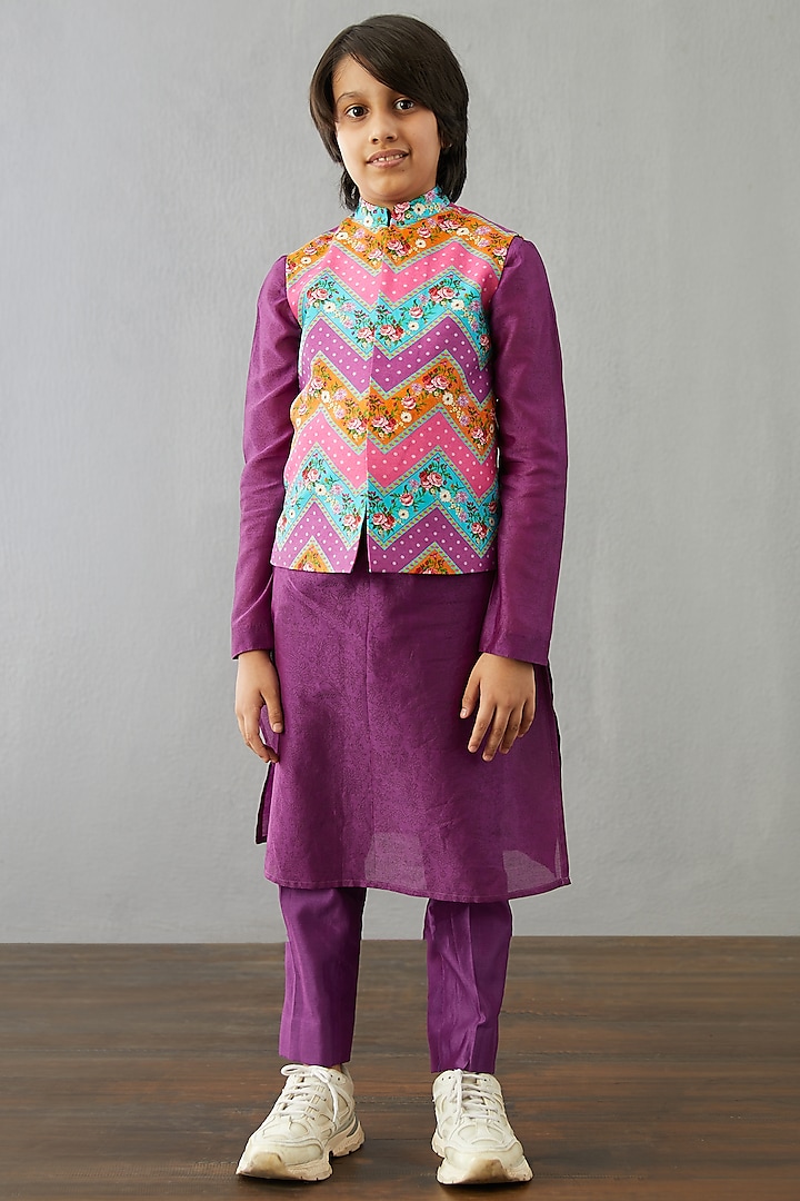 Plum Purple Cotton Silk & Handwoven Chanderi Bundi Set For Boys by Torani Kids at Pernia's Pop Up Shop